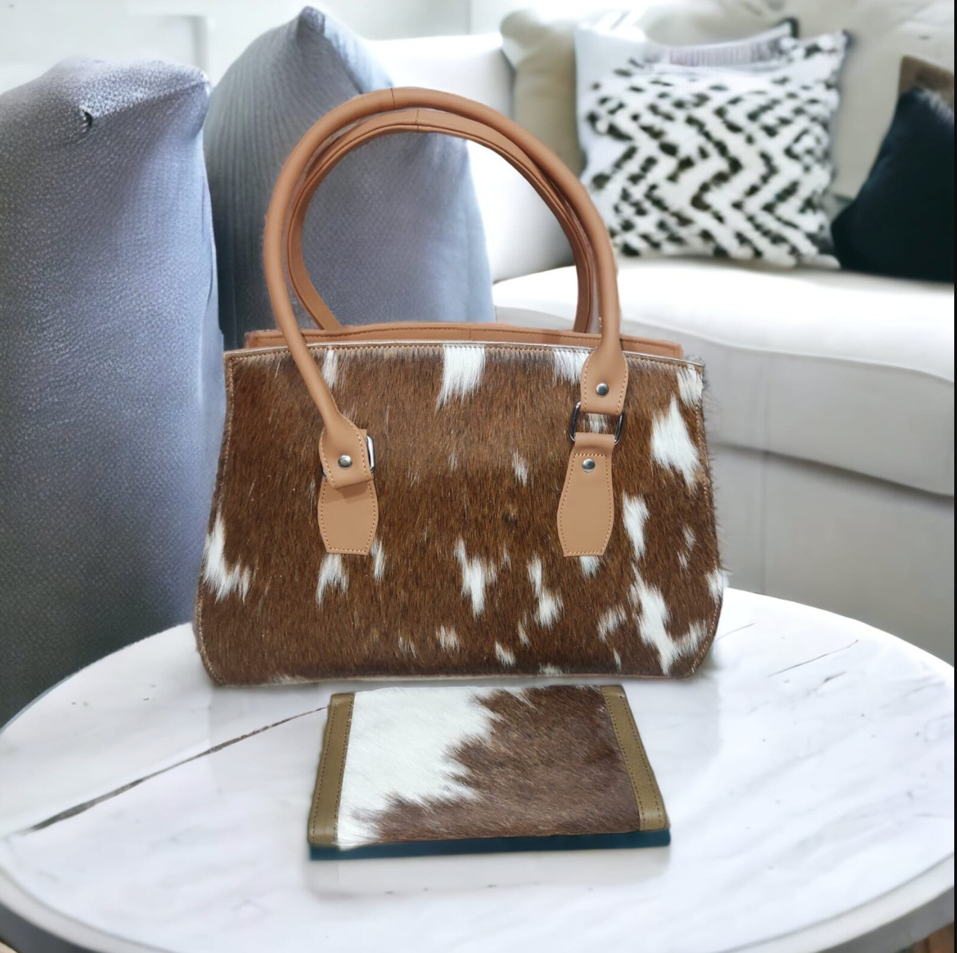 Brown and White Cowhide Shoulder Bag with Matching Clutch