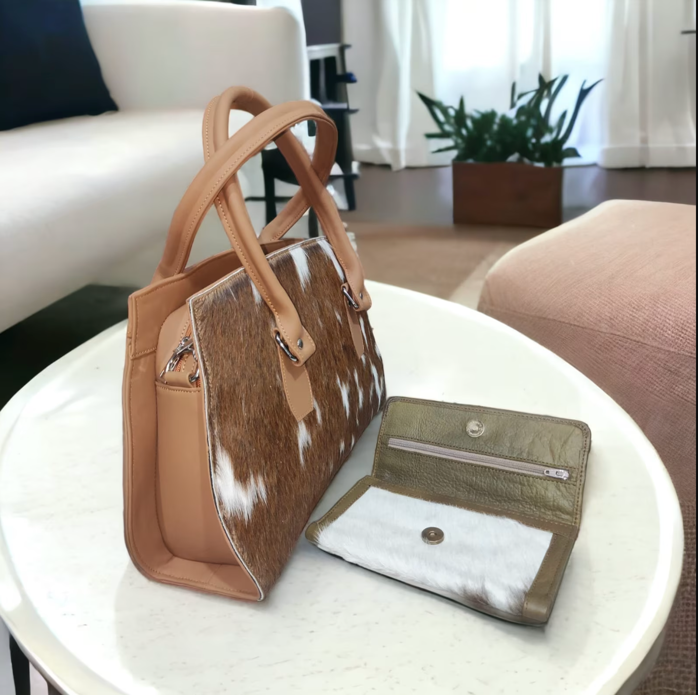 Brown and White Cowhide Shoulder Bag with Matching Clutch