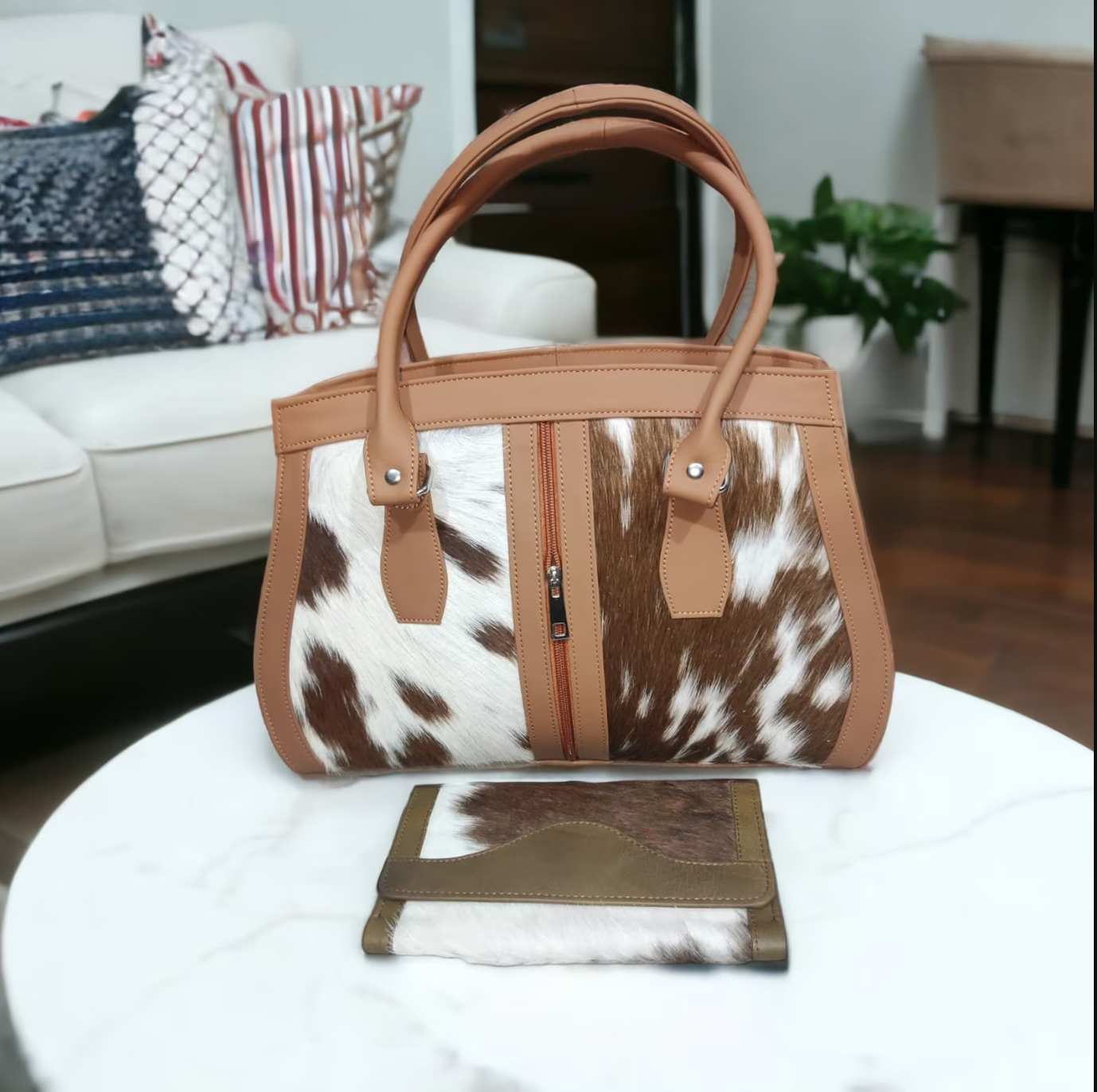 Brown and White Cowhide Shoulder Bag with Matching Clutch