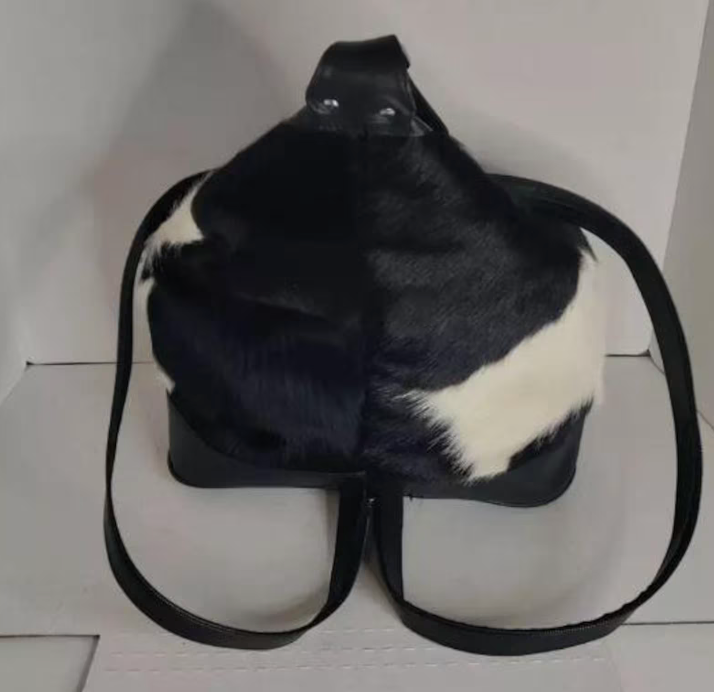 Genuine Cowhide Shoulder Backpack Black White