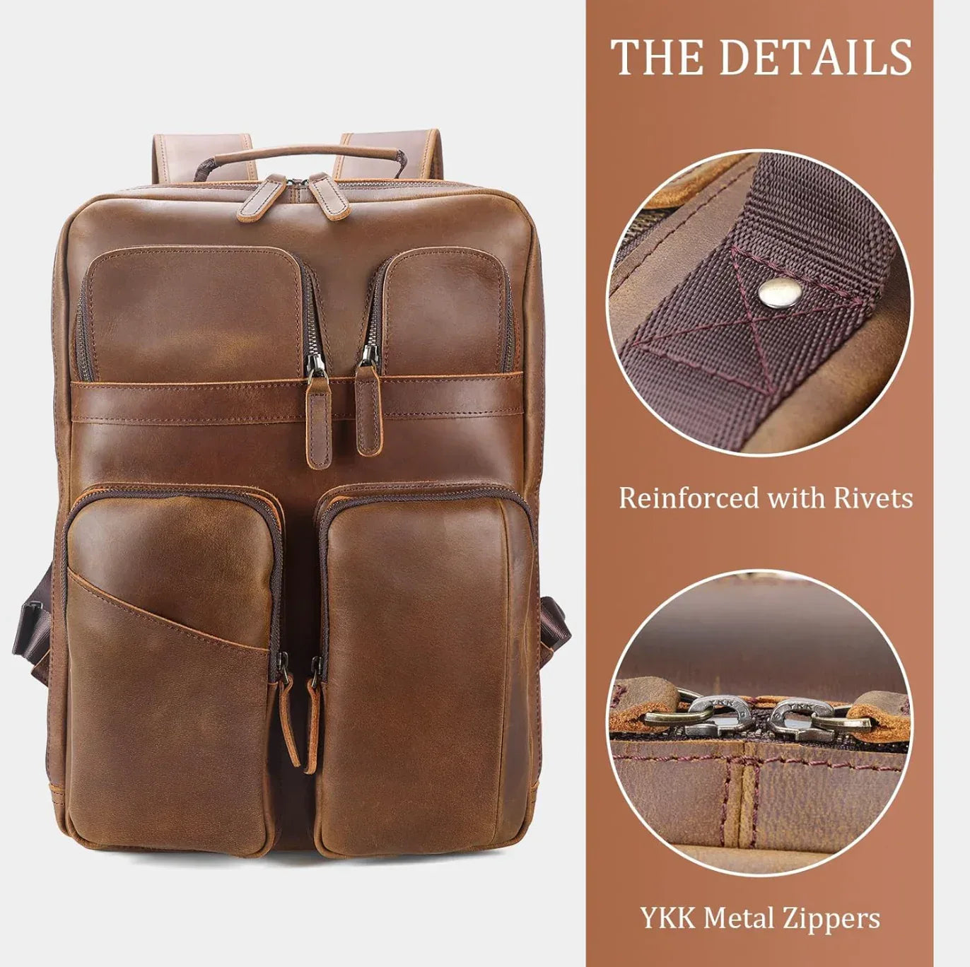 Men’s Brown Genuine Leather Travel Backpack with Laptop Compartment