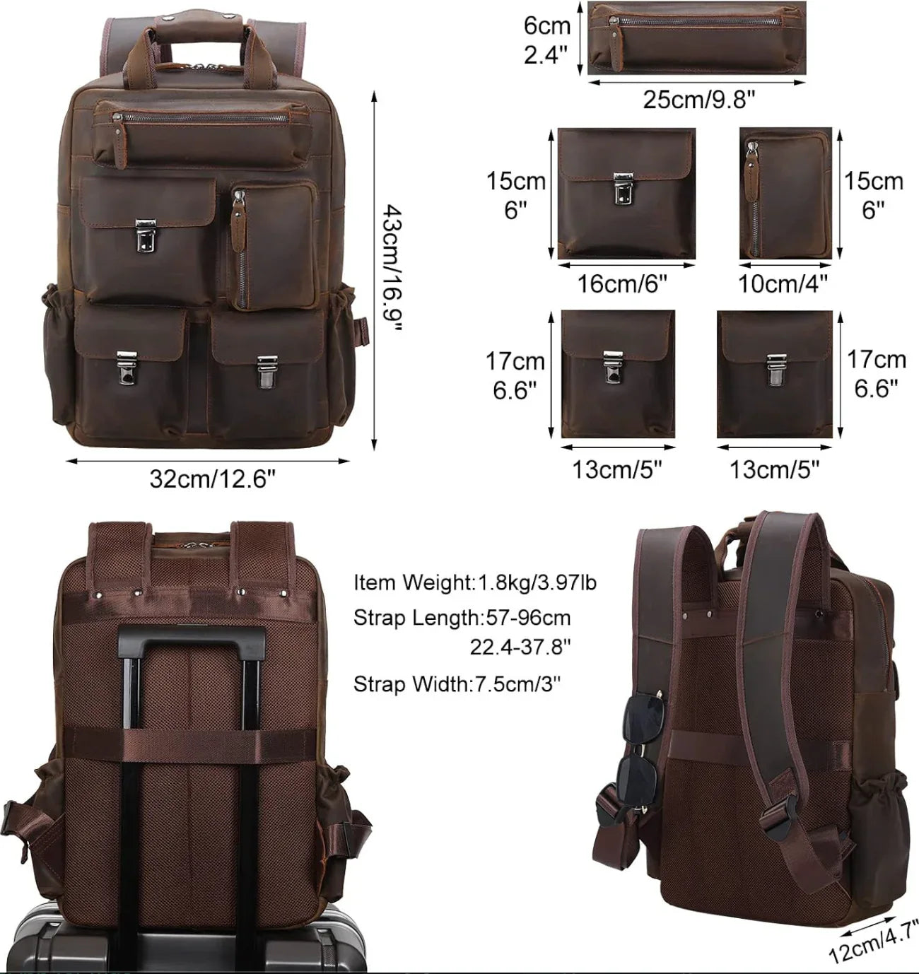 Genuine Leather Rucksack Backpack for Men – Fits 15.6" Laptop