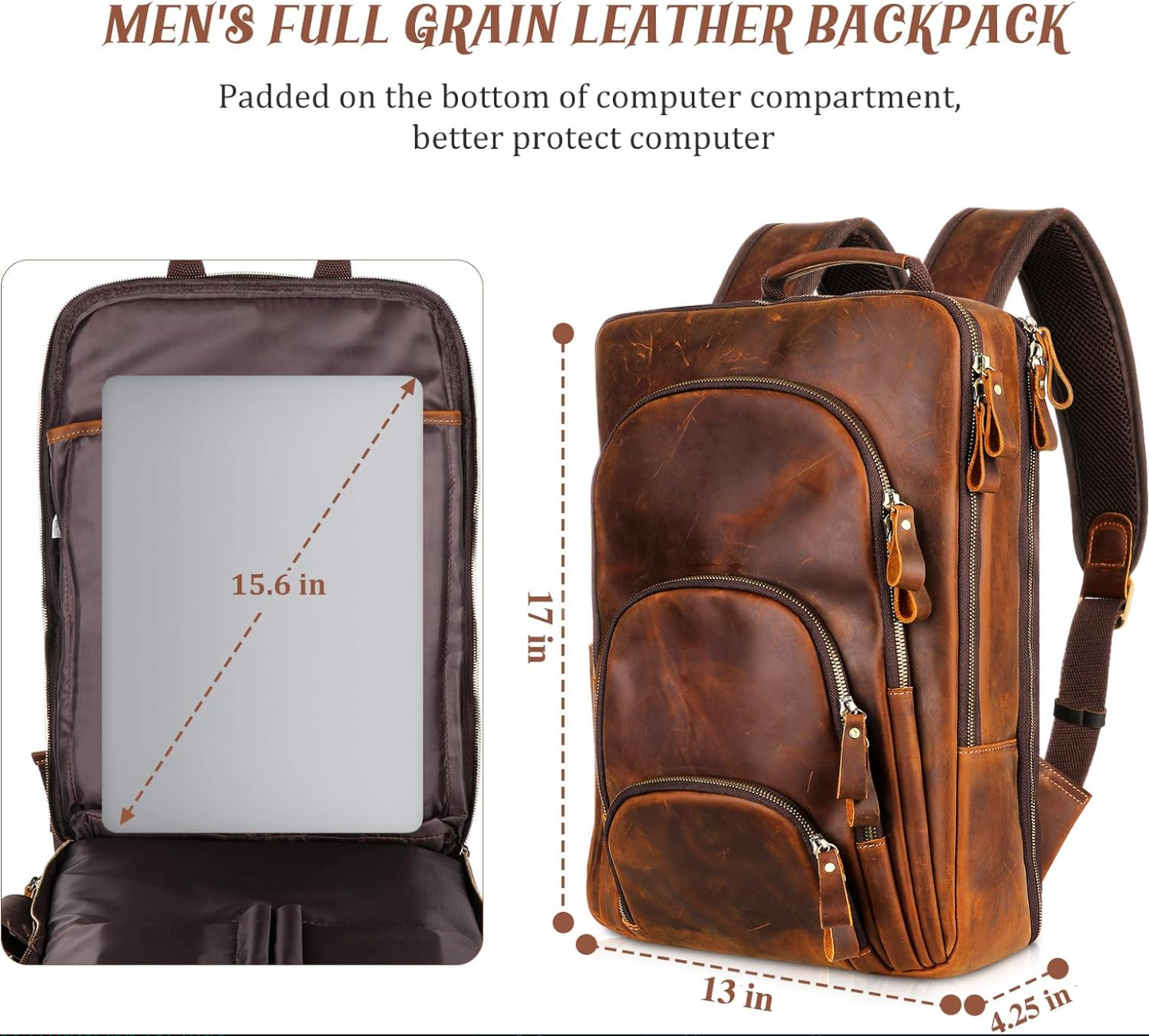 Full Grain Leather Backpack for 15.6 Inch Laptop
