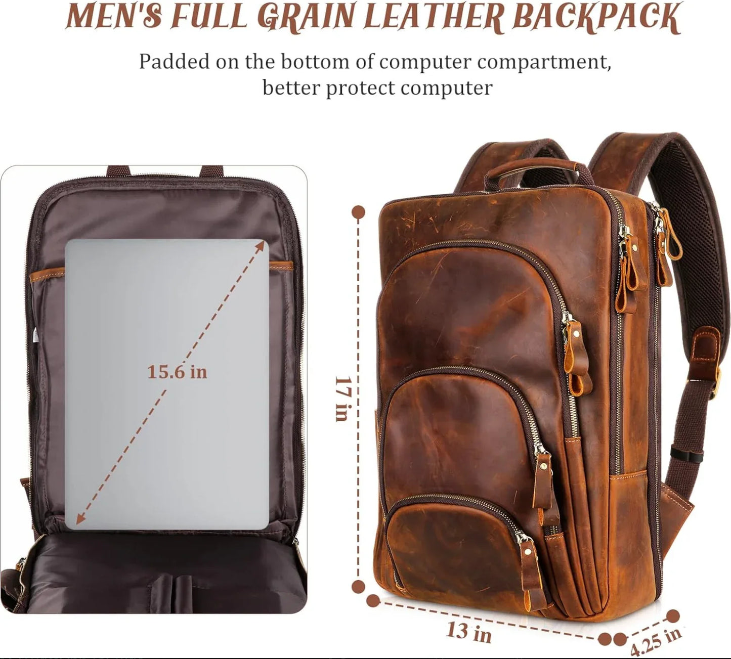 Full Grain Leather Backpack for 15.6 Inch Laptop