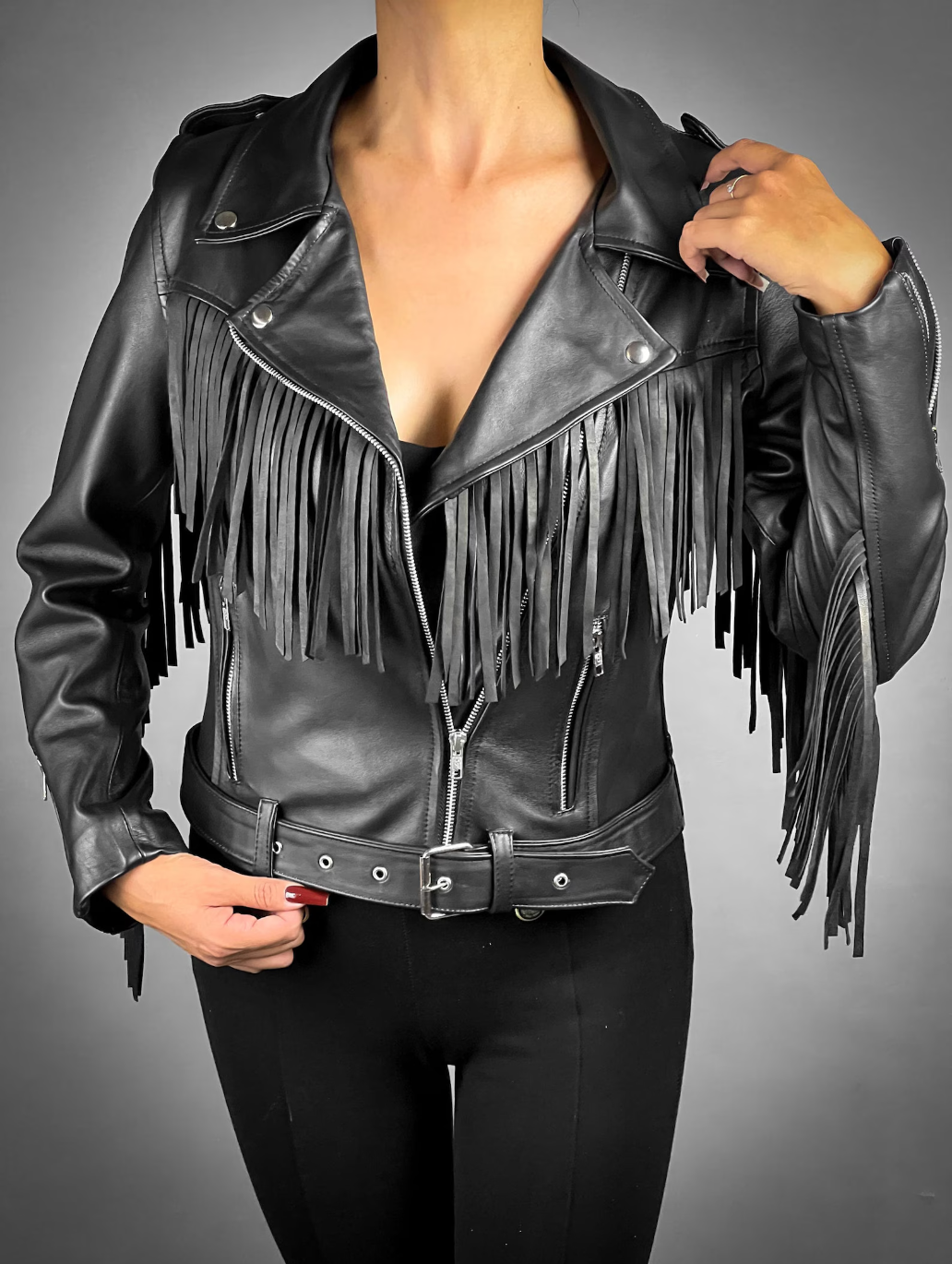 Women's Black Fringe Leather Jacket Moto Style