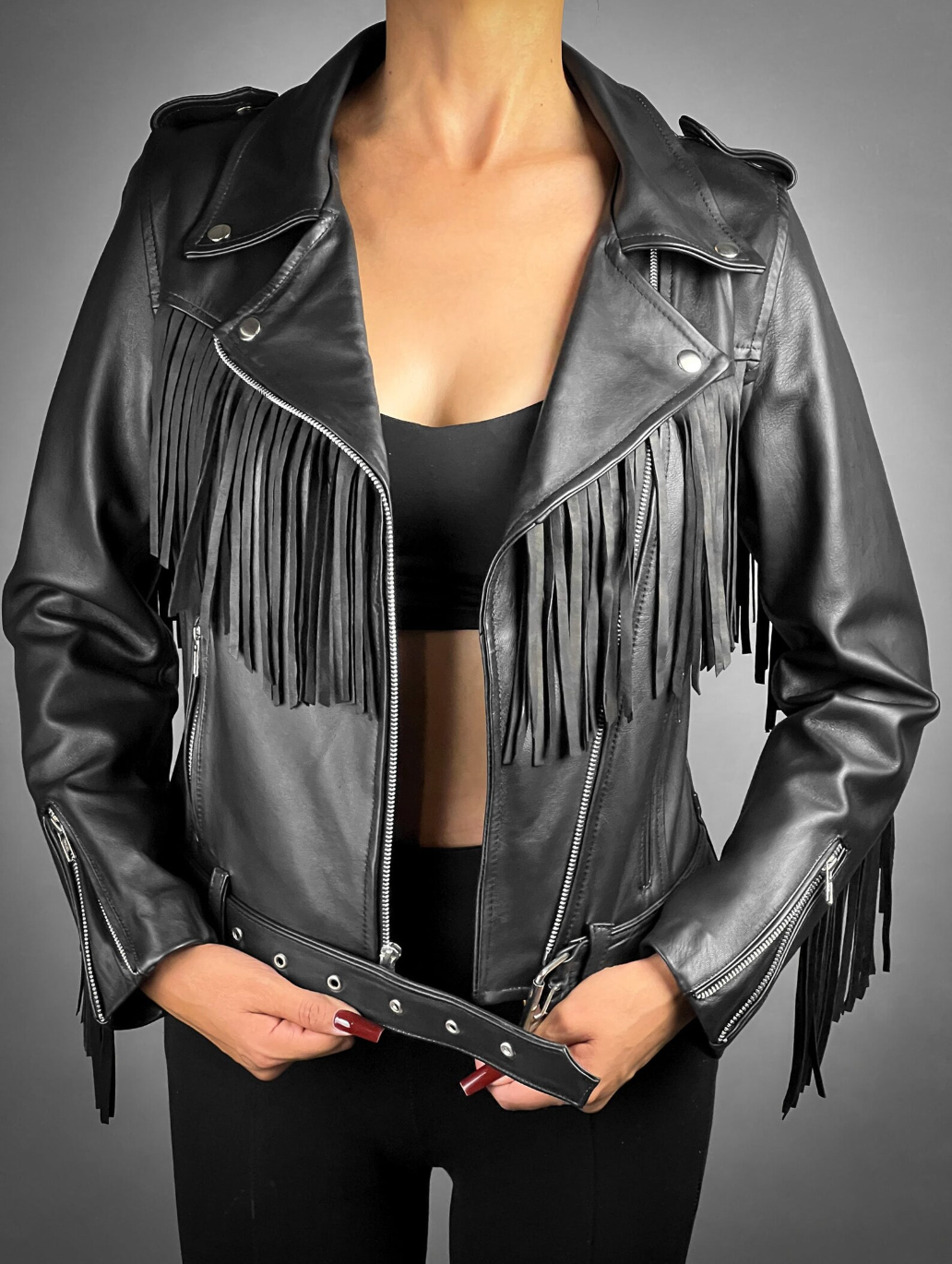 Women's Black Fringe Leather Jacket Moto Style