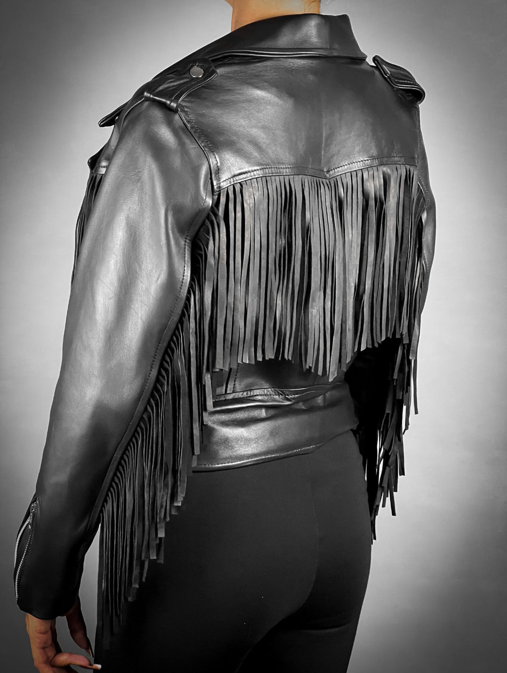 Women's Black Fringe Leather Jacket Moto Style