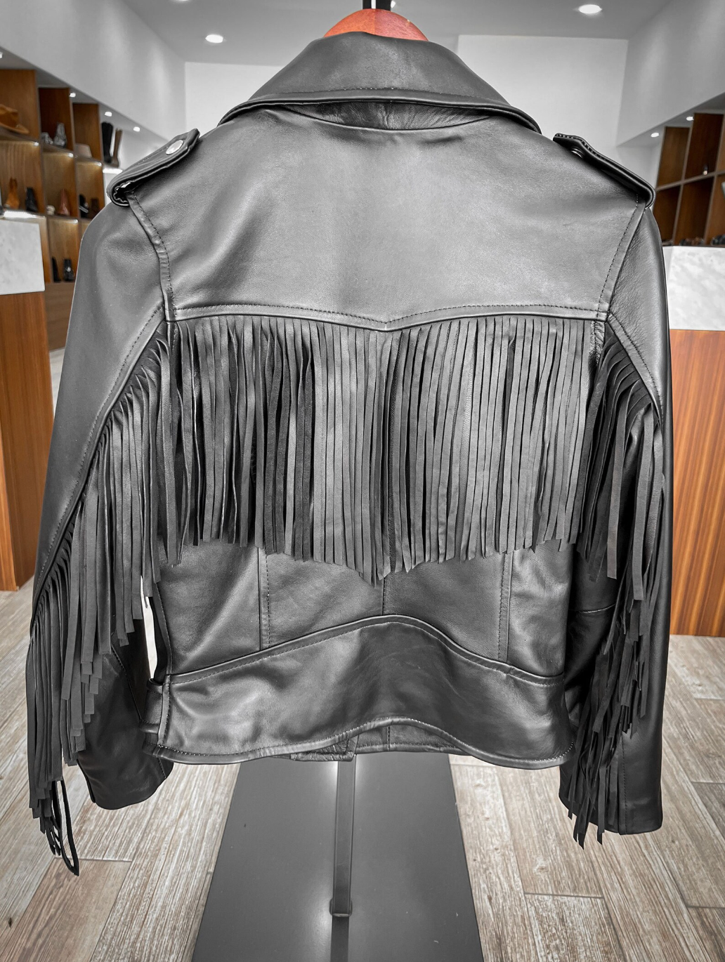 Women's Black Fringe Leather Jacket Moto Style