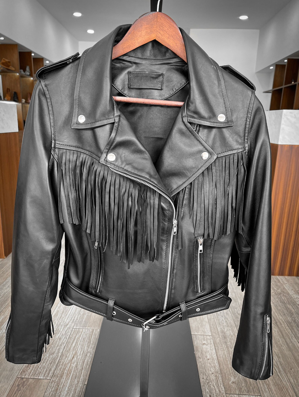 Women's Black Fringe Leather Jacket Moto Style