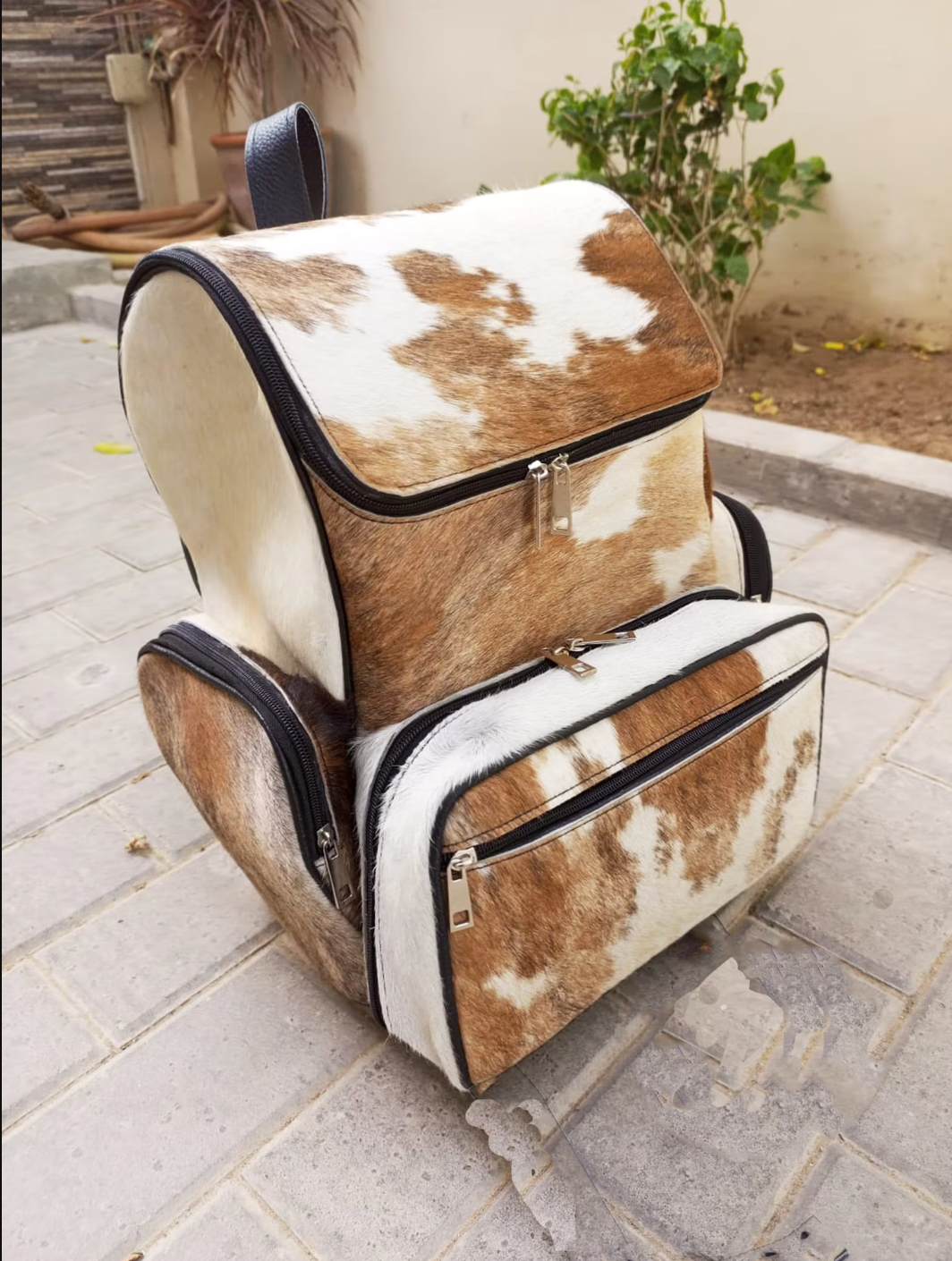 Cowhide Skin Tan White Backpack Bag