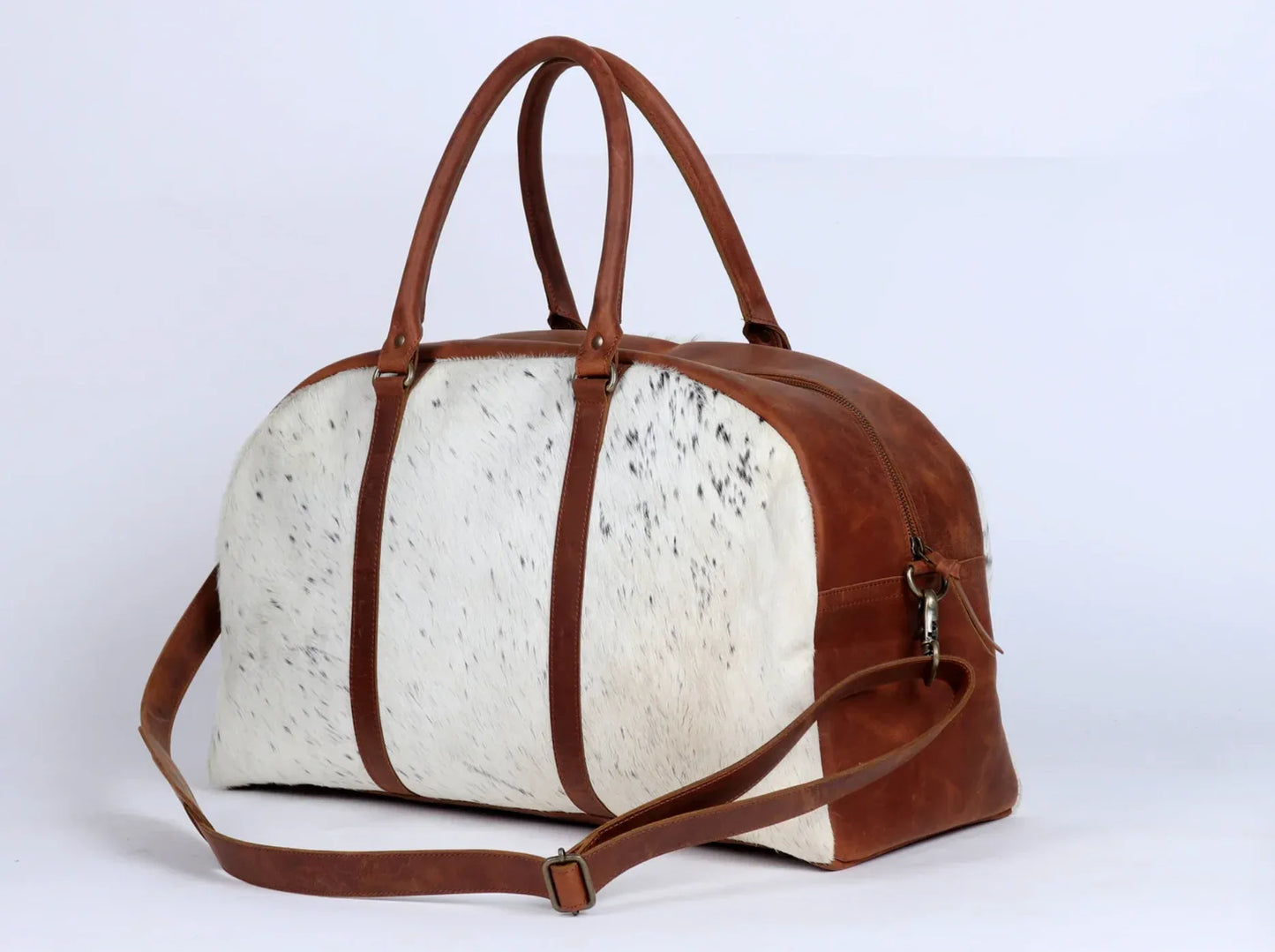 White Cowhide Overnight Bag with Rich Brown Leather Trim