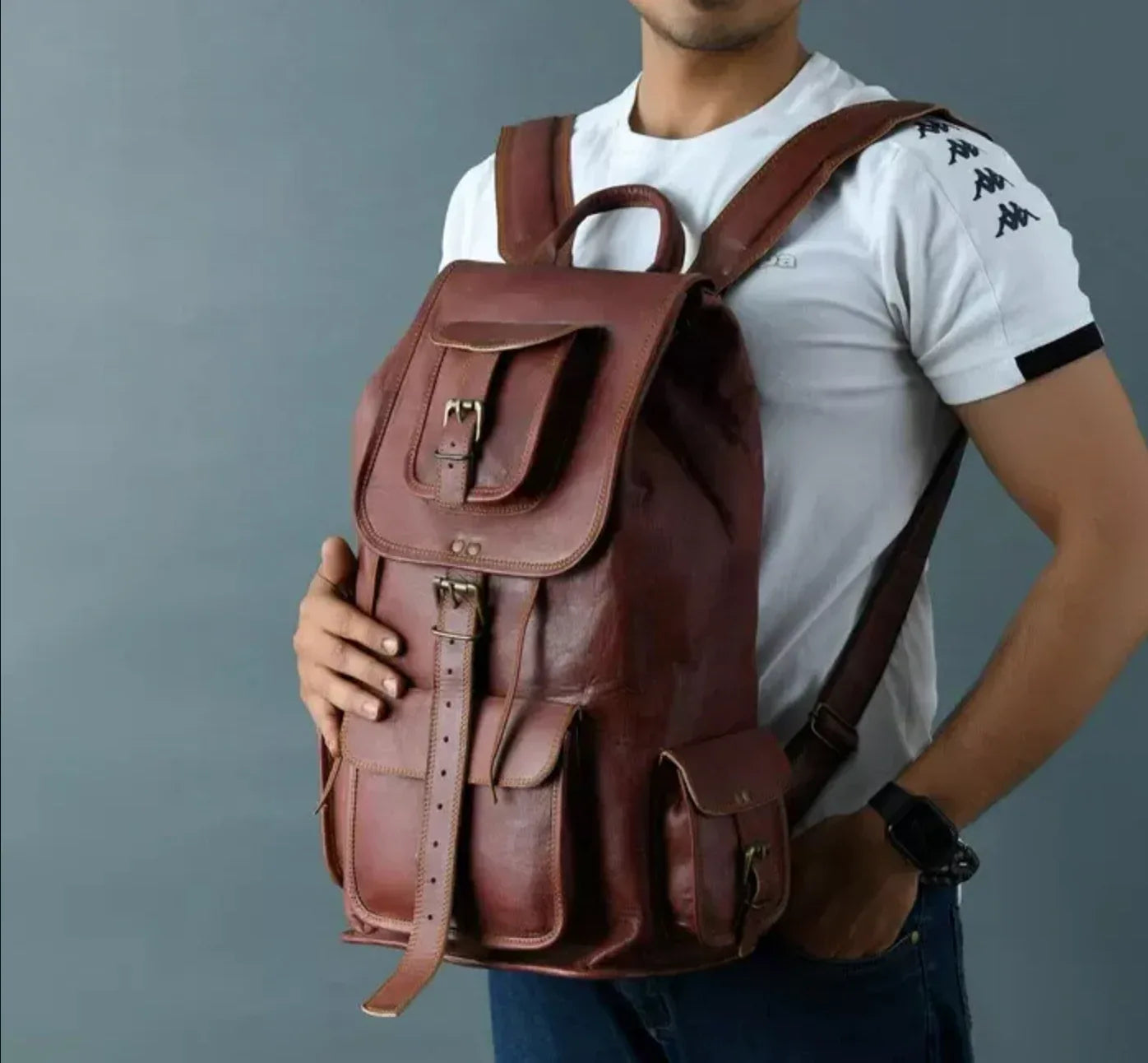 Men’s Genuine Brown Leather Cowhide Backpack