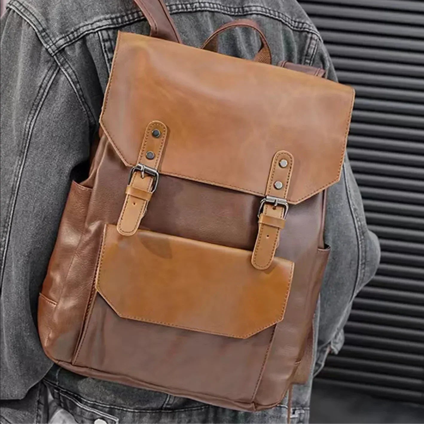 Men's Genuine Leather Hiking Backpack Black Outdoor Travel Bag