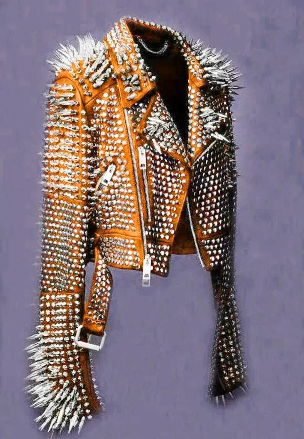 Men's Orange Spiked Leather Jacket Punk Biker Style