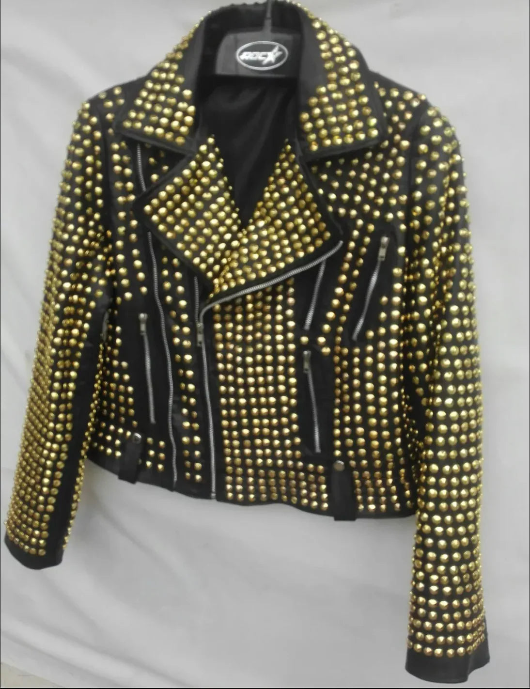 Ladies Golden Studded Leather Jacket – Boho Living Room