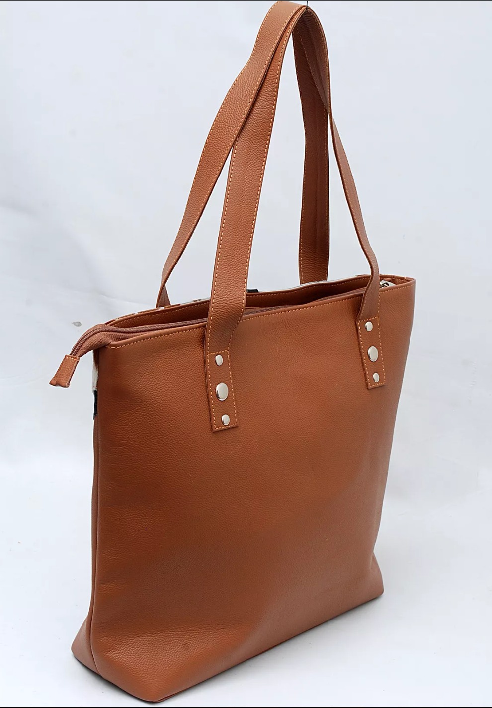 Brown White Cowhide Tote Bag With Studs