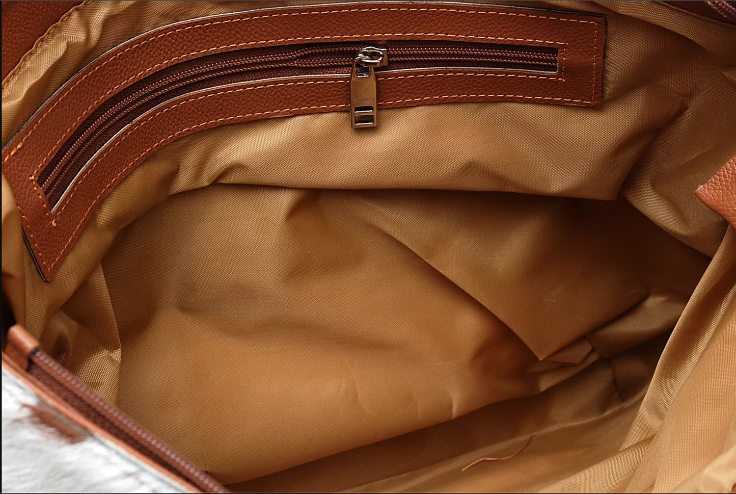 Brown White Cowhide Tote Bag With Studs