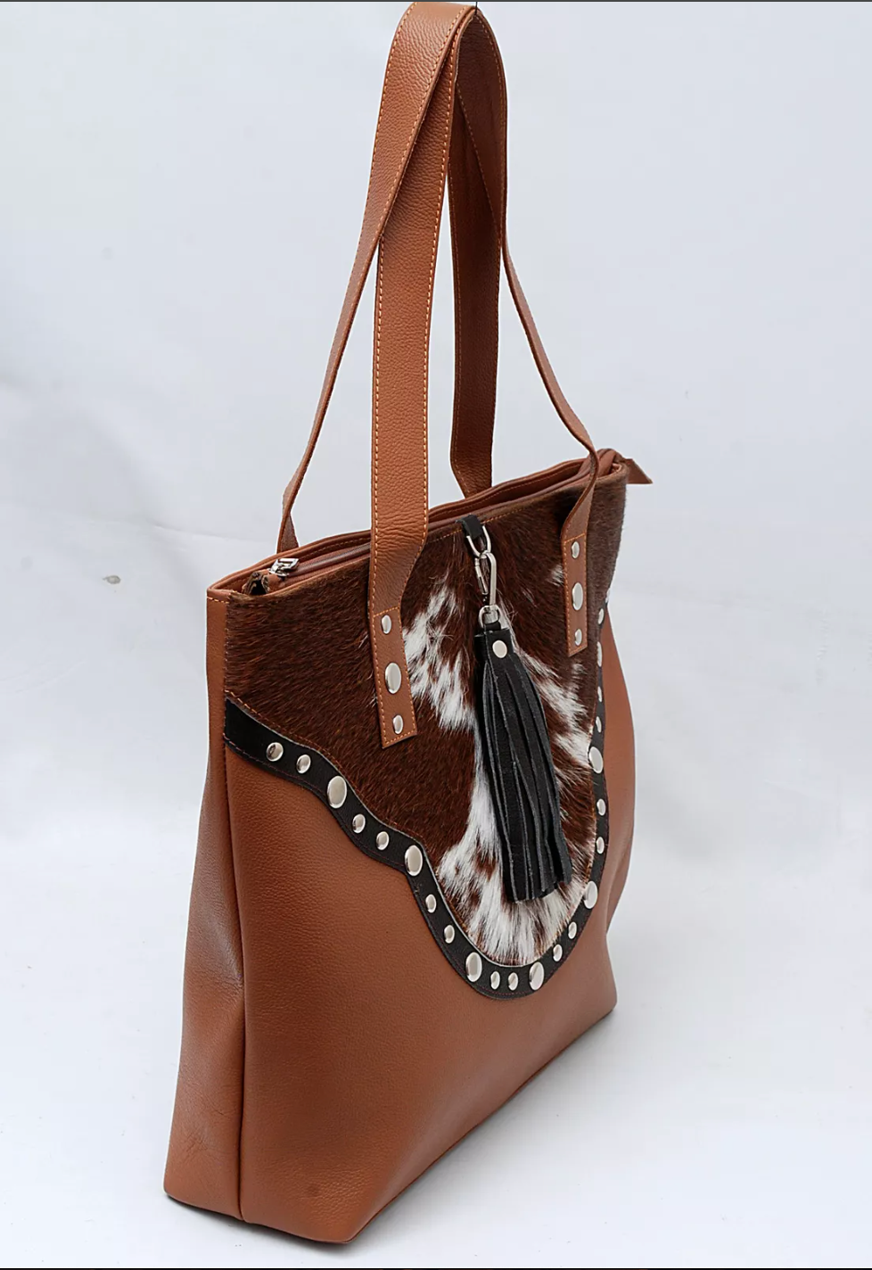 Brown White Cowhide Tote Bag With Studs