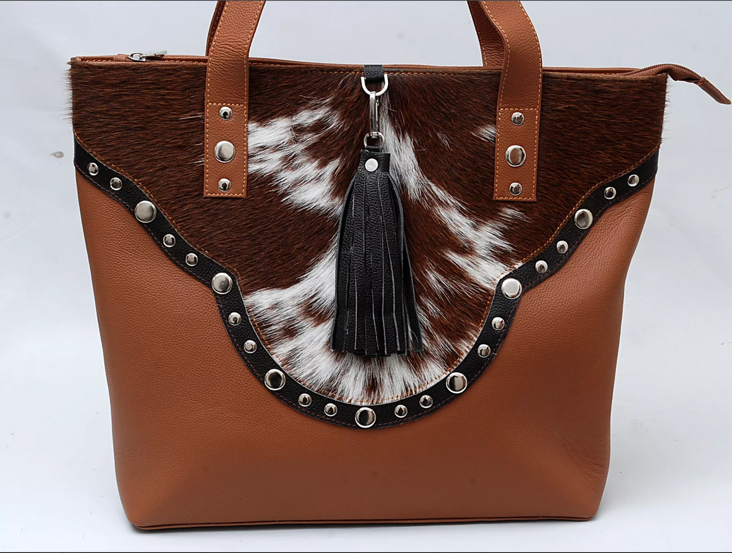Brown White Cowhide Tote Bag With Studs