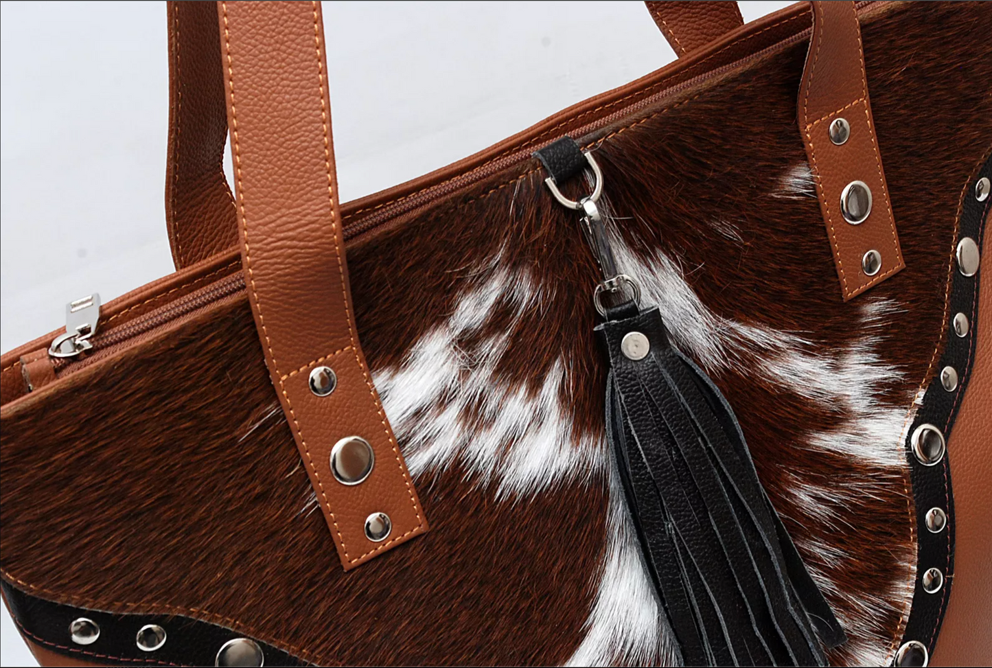 Brown White Cowhide Tote Bag With Studs