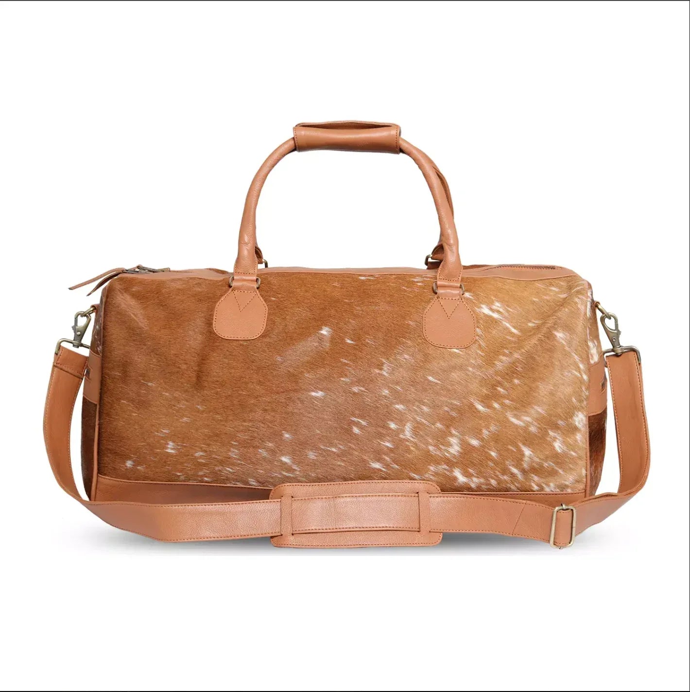 Handmade Brown White Cowhide Duffle Bag