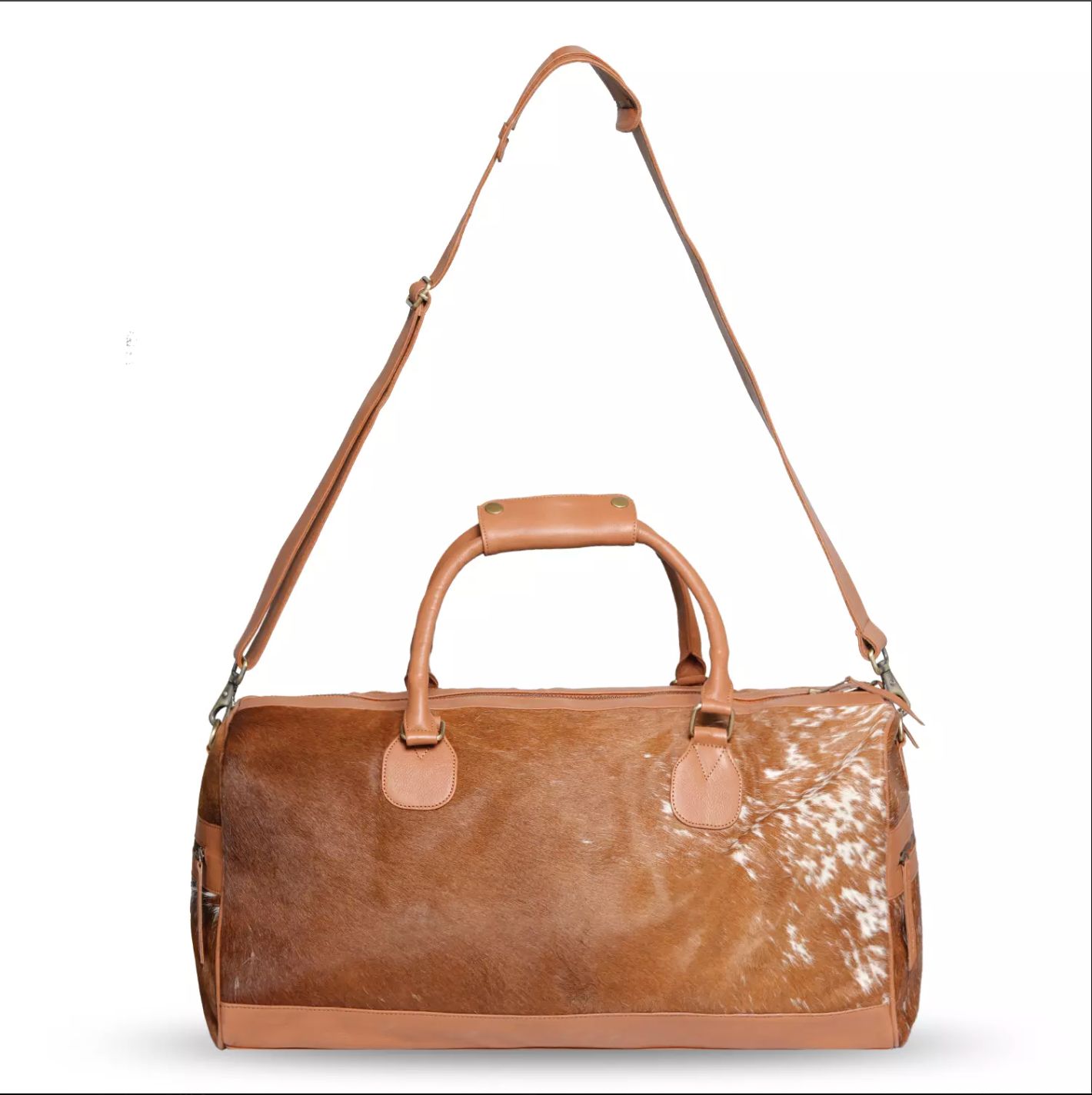 Handmade Brown White Cowhide Duffle Bag