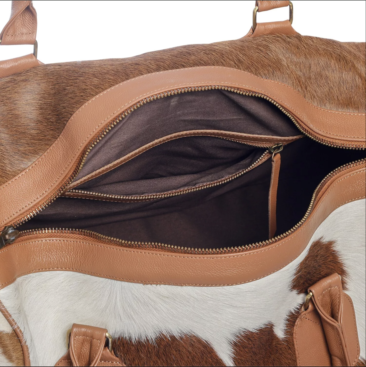 Handmade Brown White Cowhide Duffle Bag