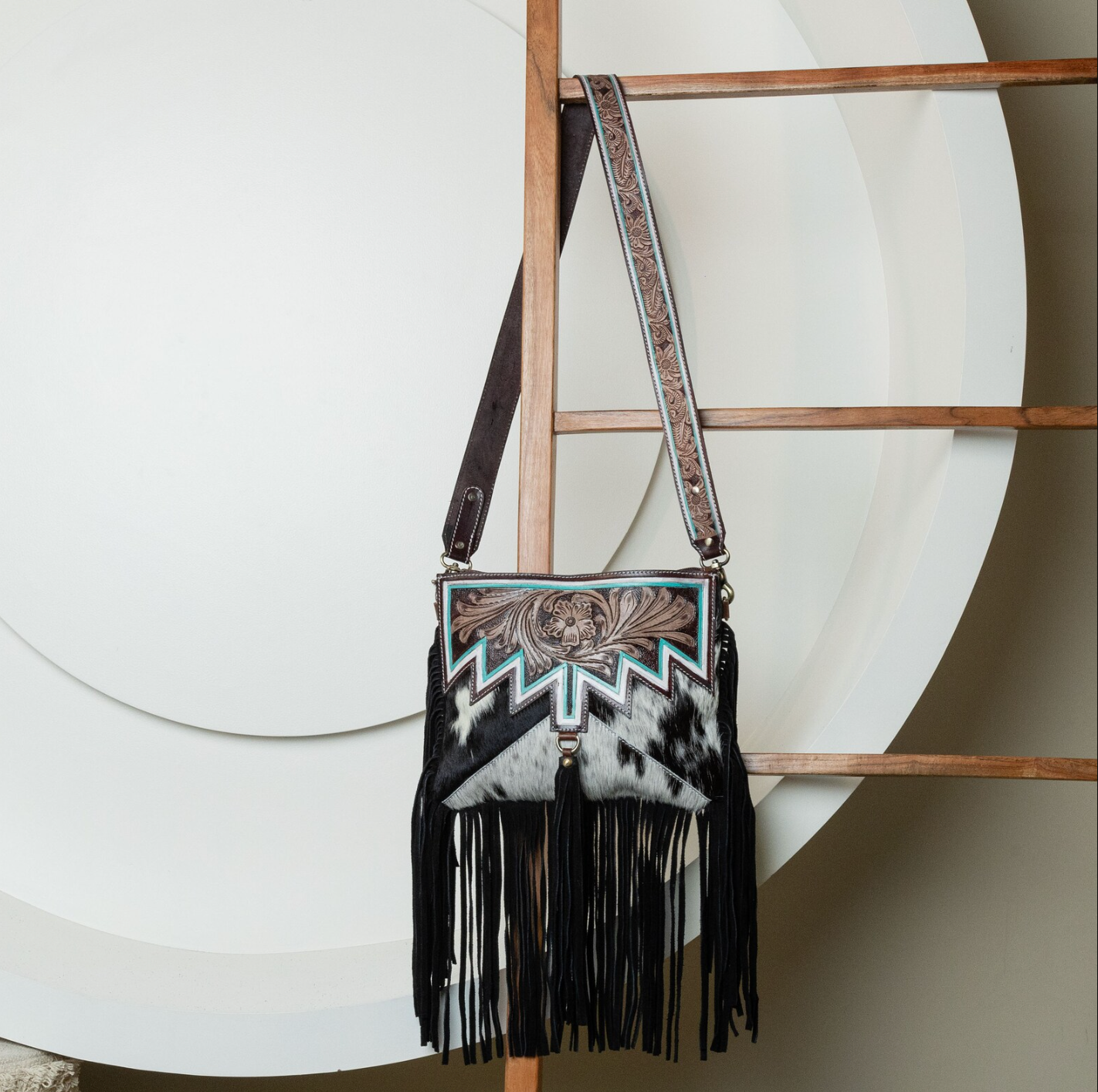 Cowhide Tooled Bag Crossbody Fringe