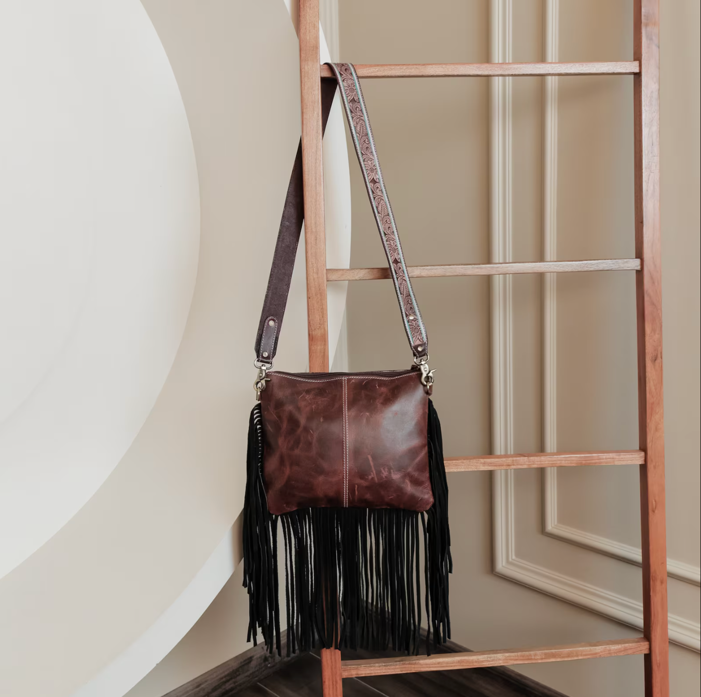 Cowhide Tooled Bag Crossbody Fringe