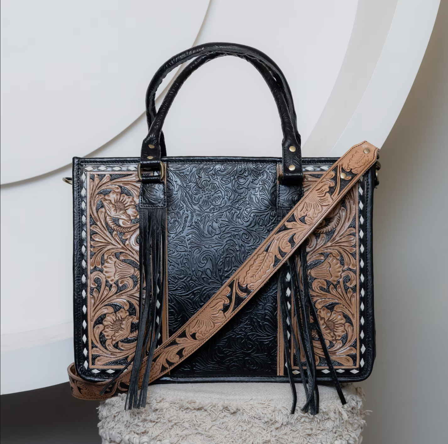 Embossed Tooled Leather Tote Purse
