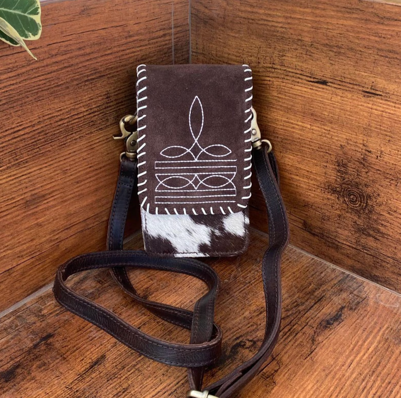 Cowhide Sling Bag With Embroidered Suede