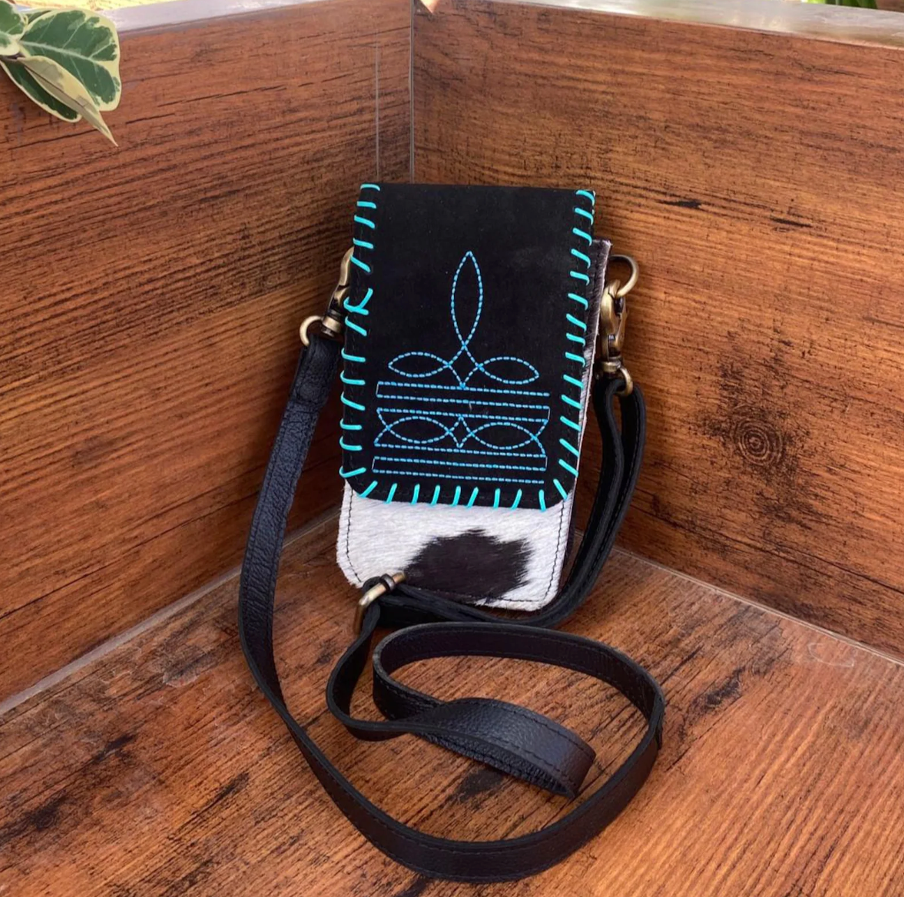 Cowhide Sling Bag With Embroidered Suede