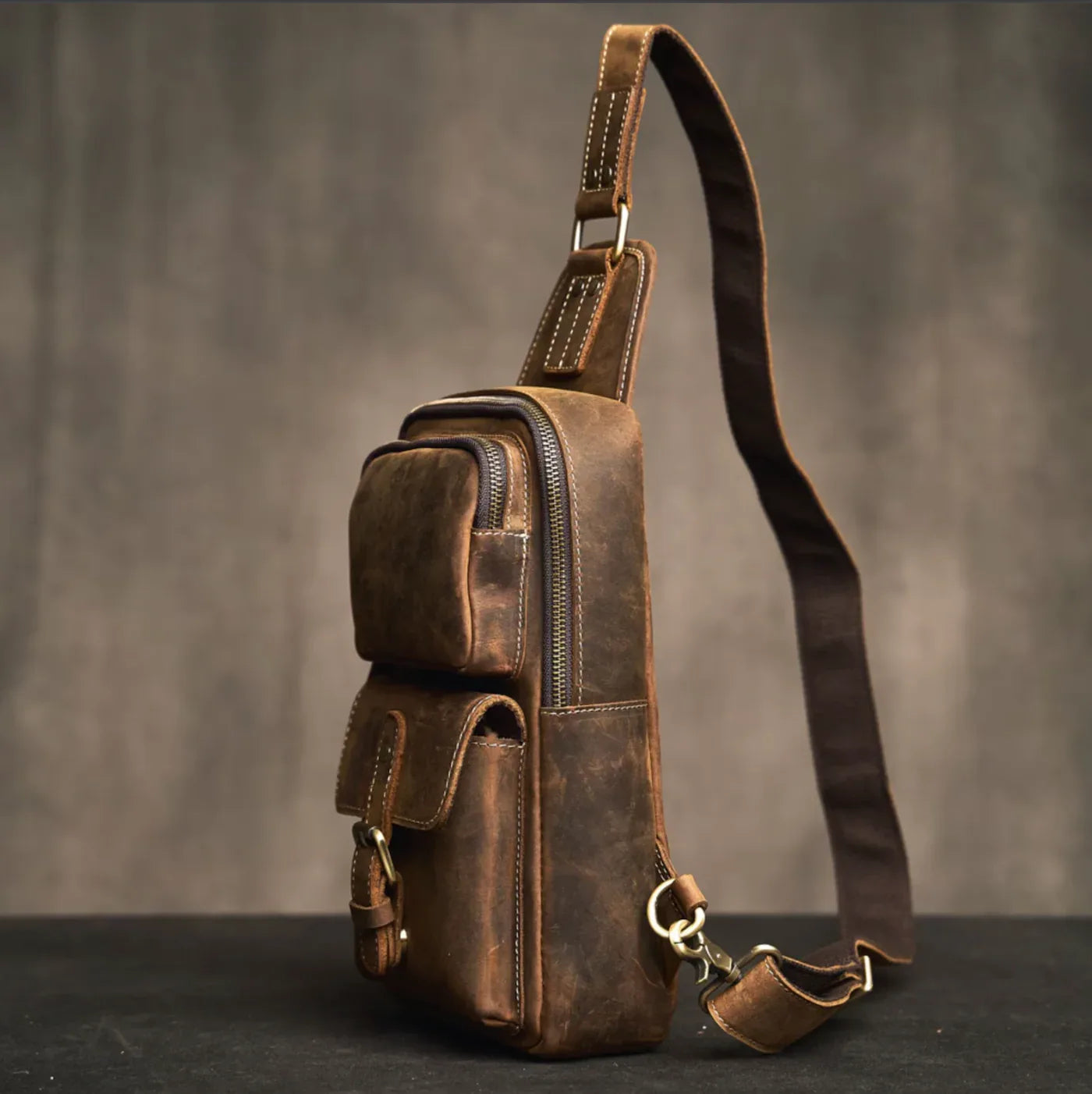 Vintage Chest Leather Shoulder Sling Daypack