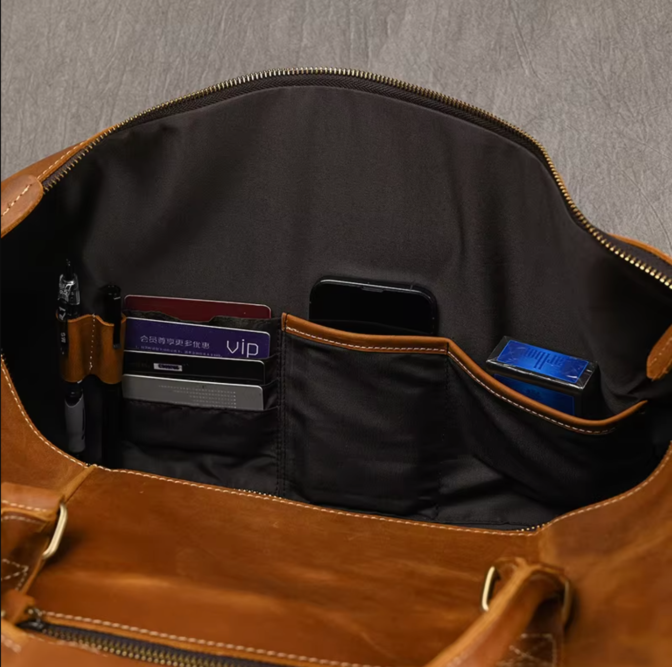 Brown Leather Duffle Overnight Bag with Shoe Compartment