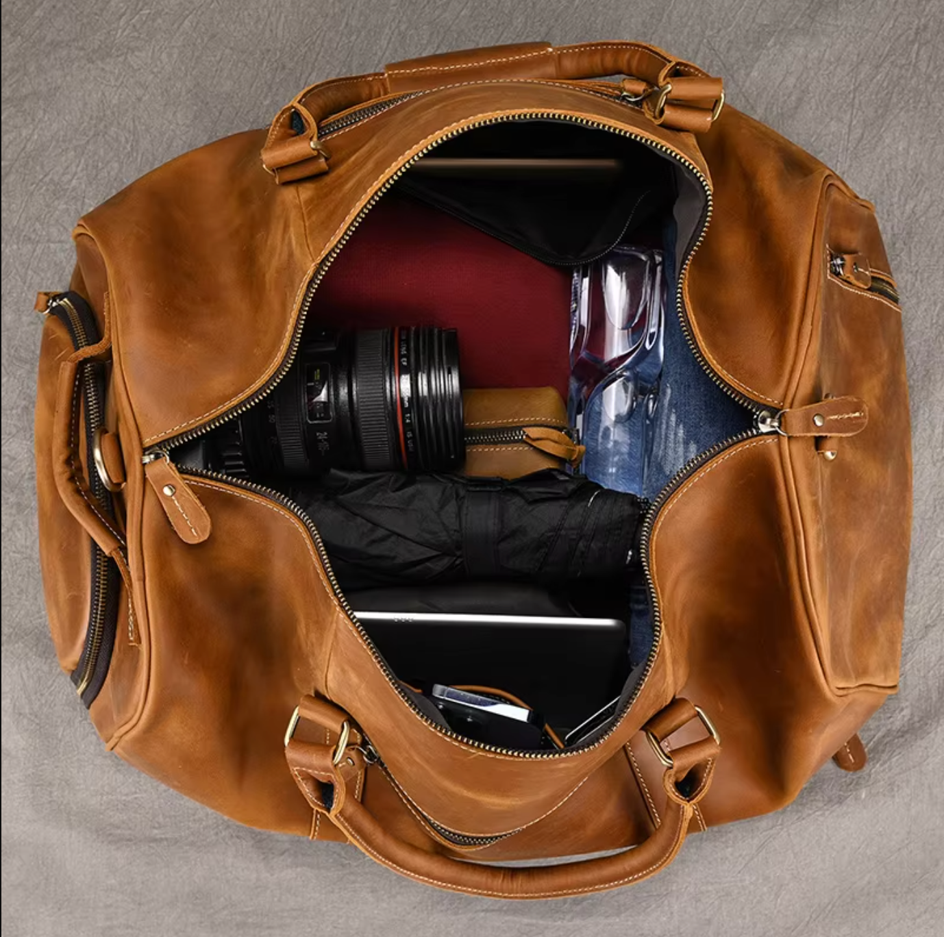 Brown Leather Duffle Overnight Bag with Shoe Compartment