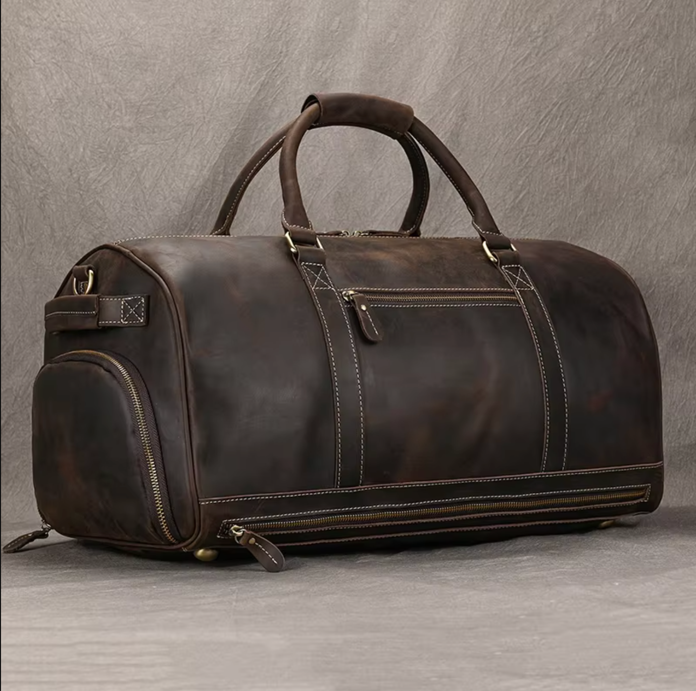 Brown Leather Duffle Overnight Bag with Shoe Compartment