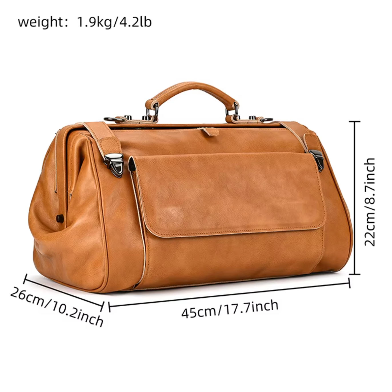 mens leather overnight bag with metal buckle