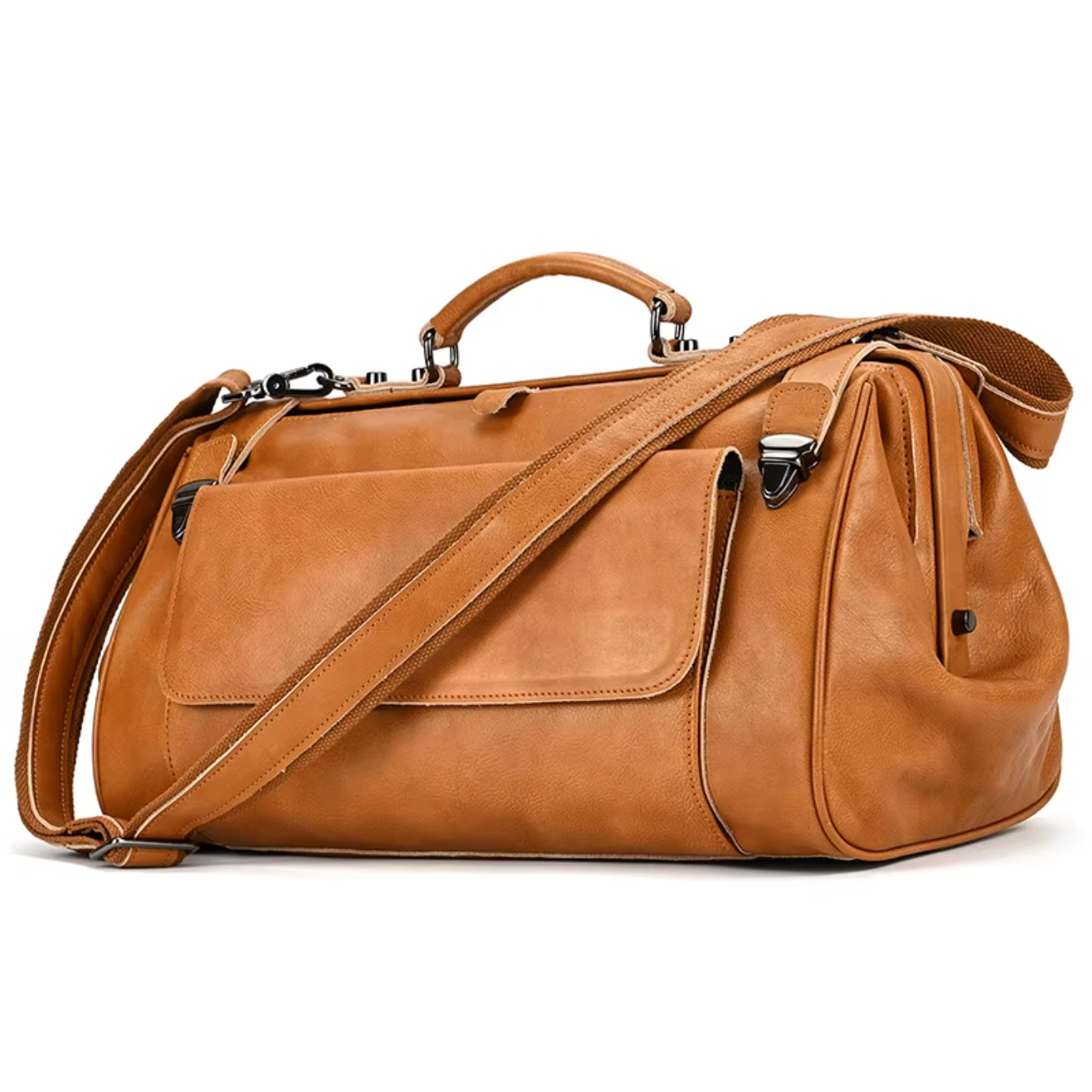 mens leather overnight bag with metal buckle