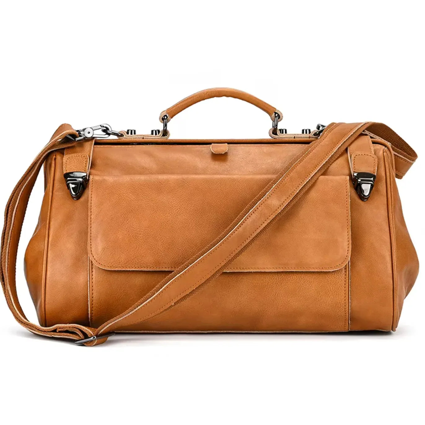 mens leather overnight bag with metal buckle
