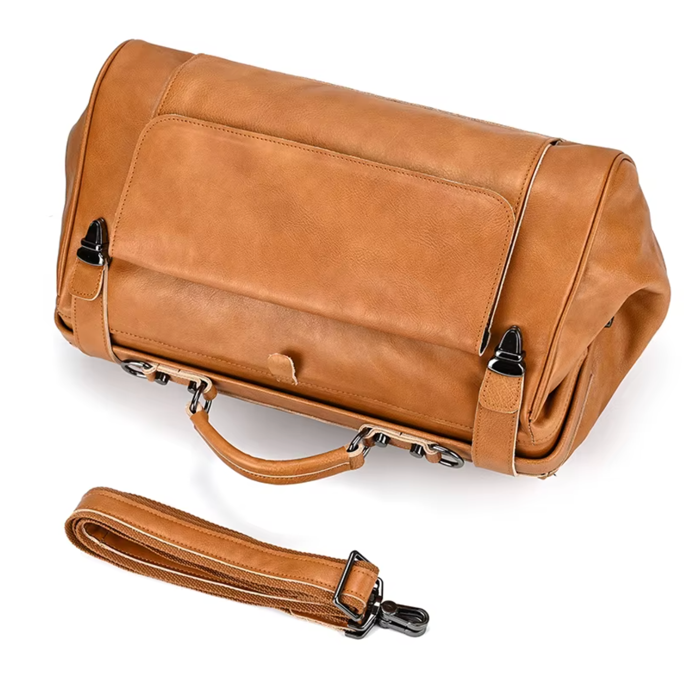 mens leather overnight bag with metal buckle