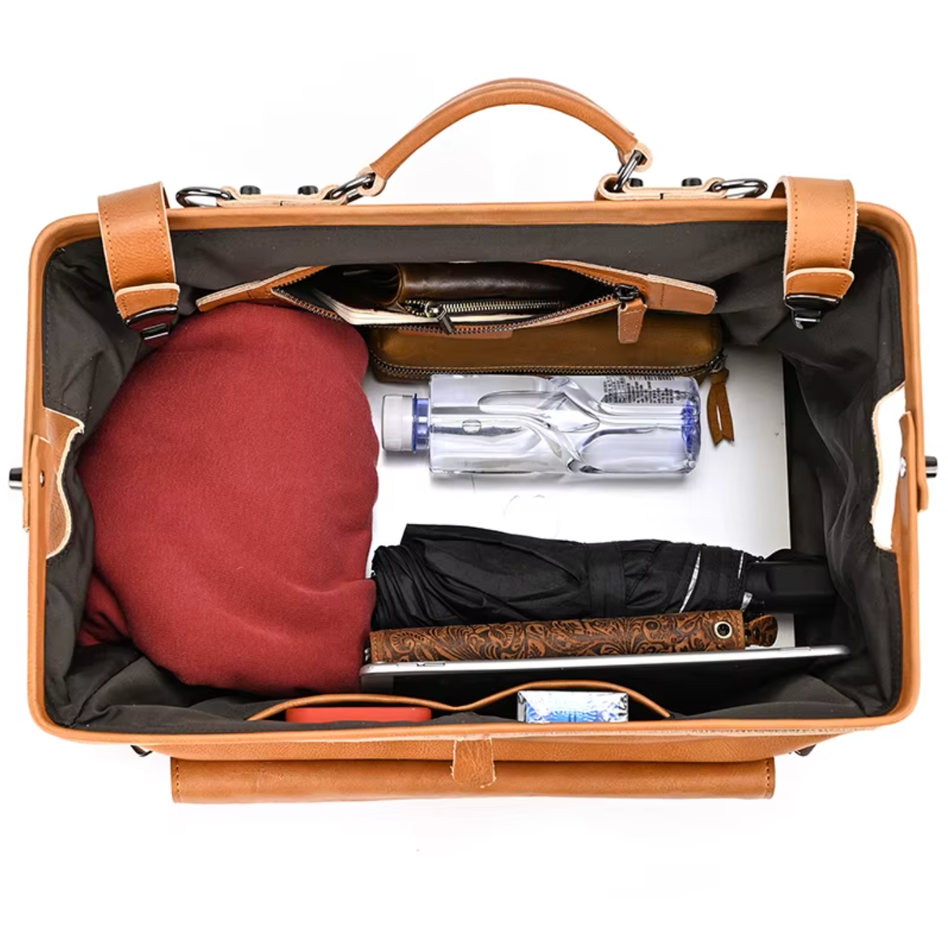 mens leather overnight bag with metal buckle