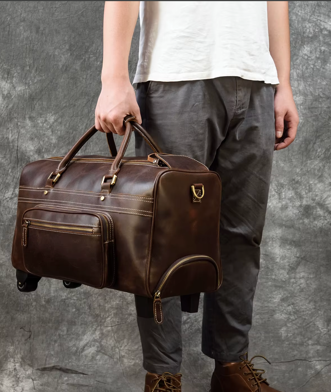 Women's leather luggage bag wheels duffle bag trolley case