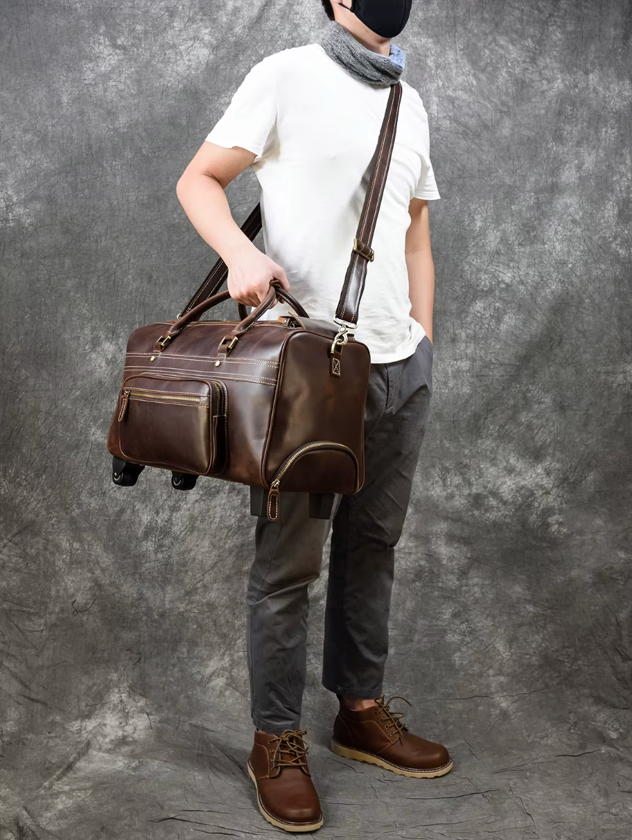 Women's leather luggage bag wheels duffle bag trolley case