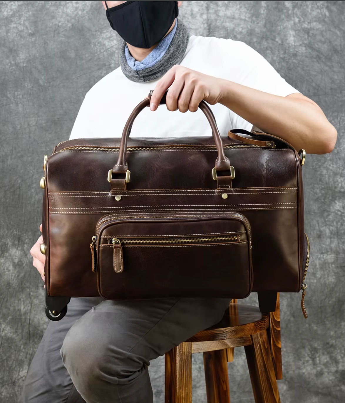 Women's leather luggage bag wheels duffle bag trolley case