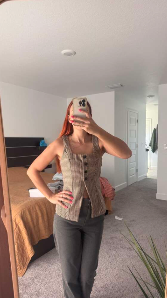 Plaid Khaki Sleeveless Tank Top Jacket