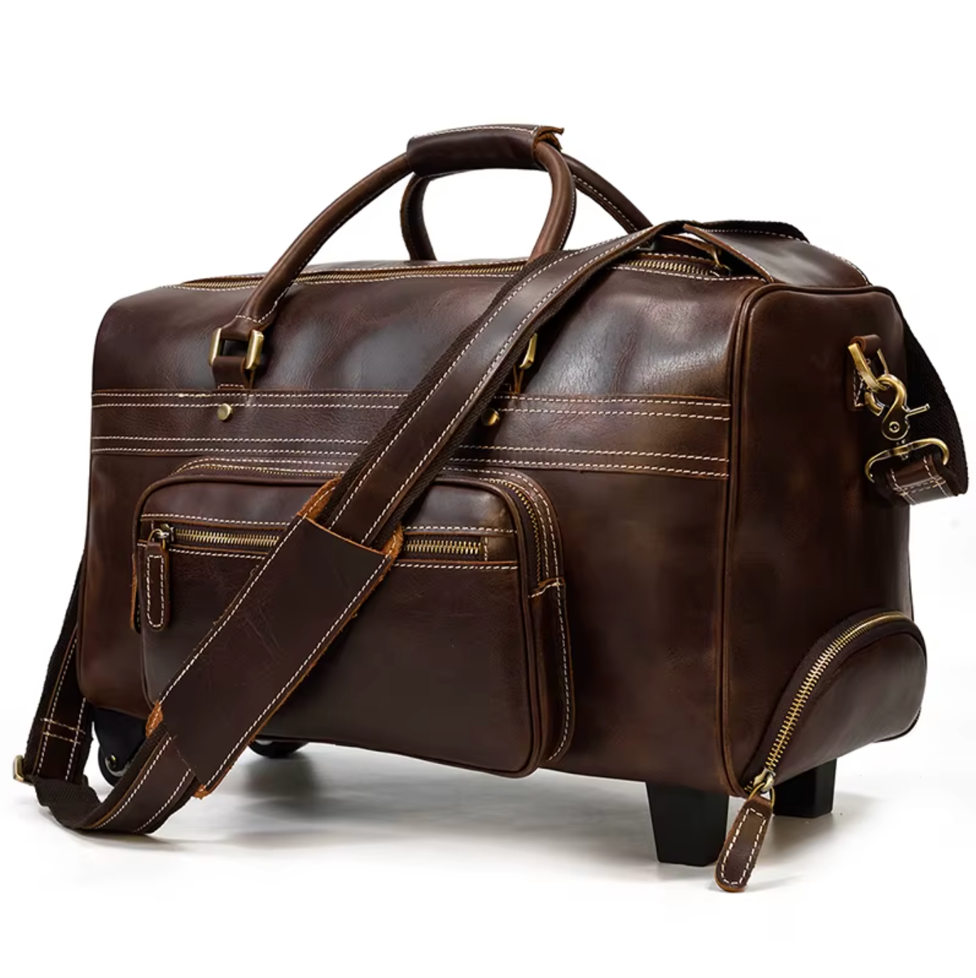 Full Grain Leather Overnight Trolley Duffle Bag with Wheels