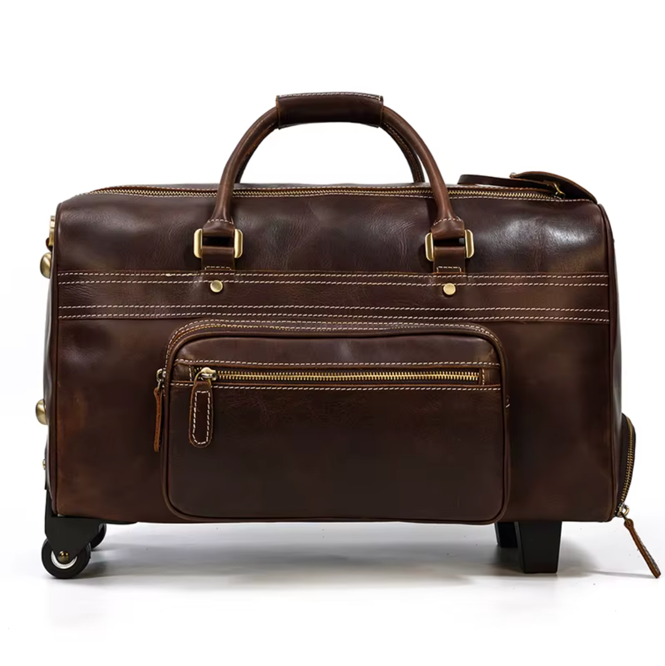 Full Grain Leather Overnight Trolley Duffle Bag with Wheels