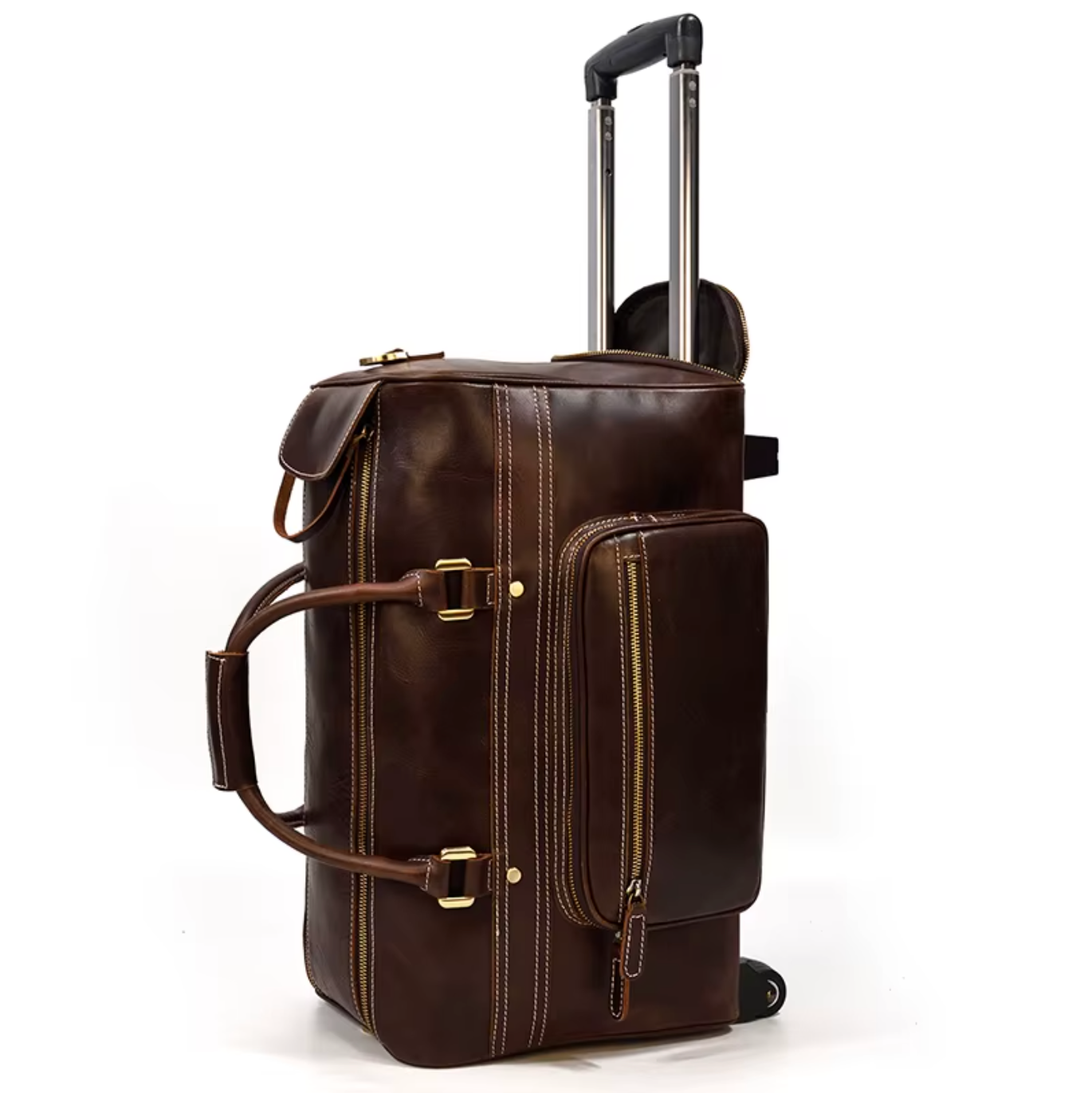 Full Grain Leather Overnight Trolley Duffle Bag with Wheels