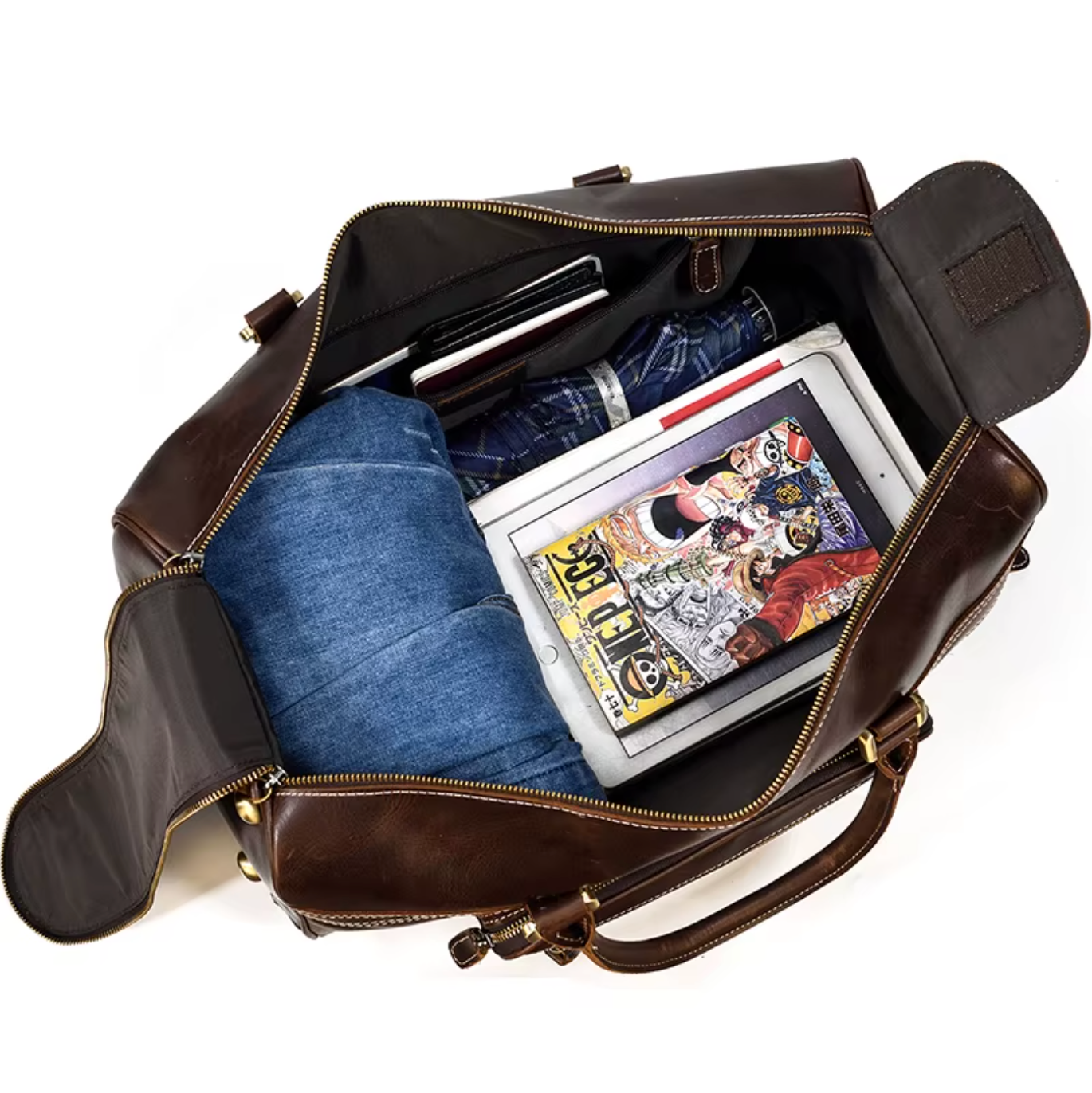 Full Grain Leather Overnight Trolley Duffle Bag with Wheels
