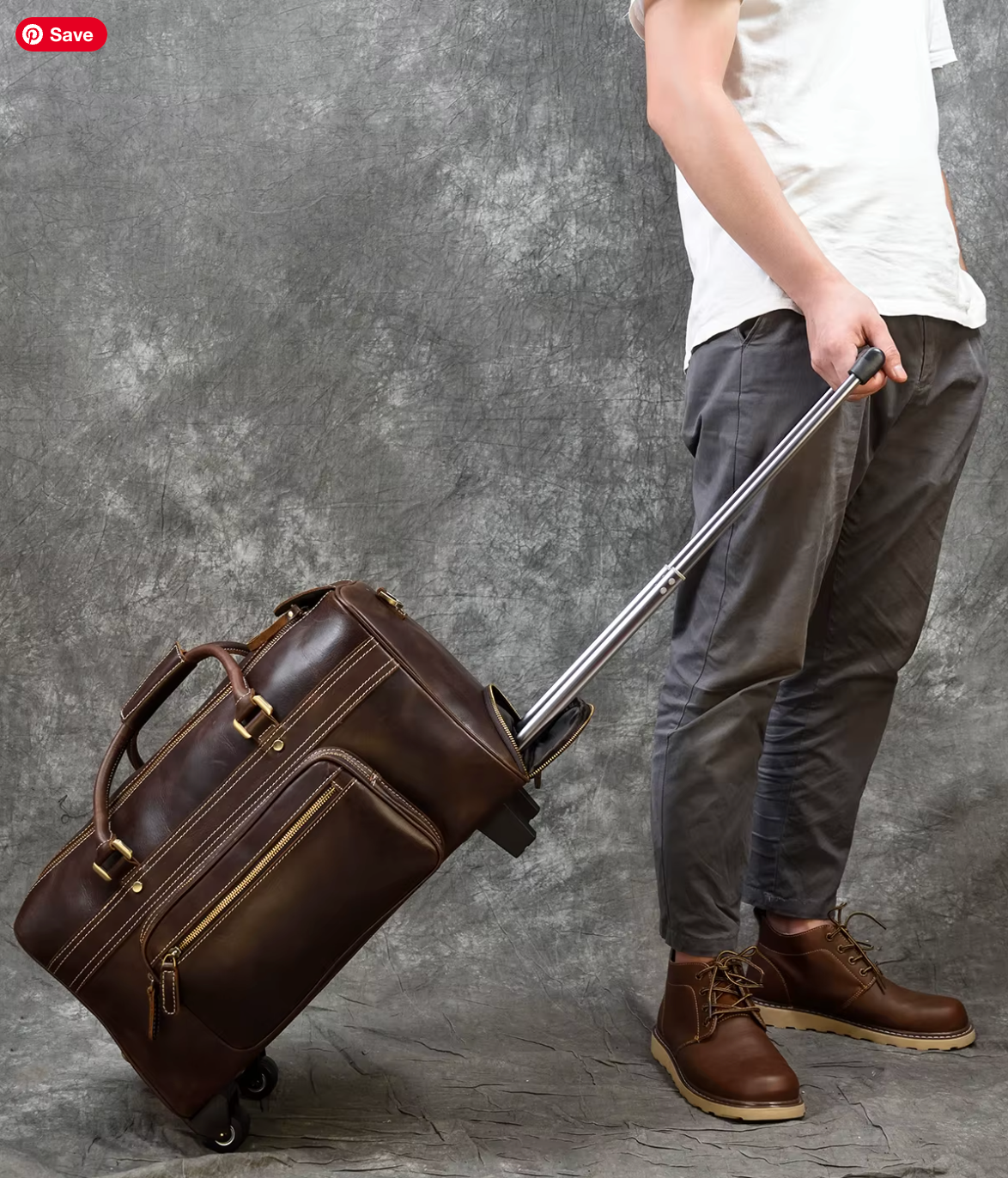 Full Grain Leather Overnight Trolley Duffle Bag with Wheels